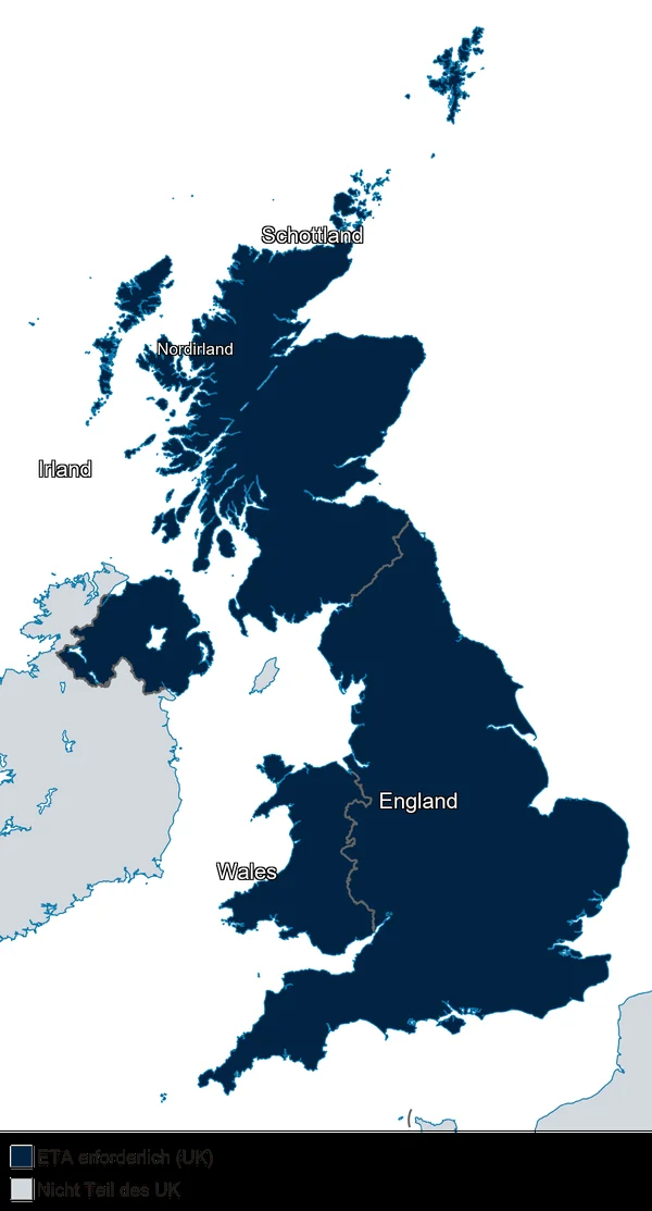 Karte Großbritanniens mit dem von der ETA abgedeckten Gebiet: England, Schottland, Wales und Nordirland